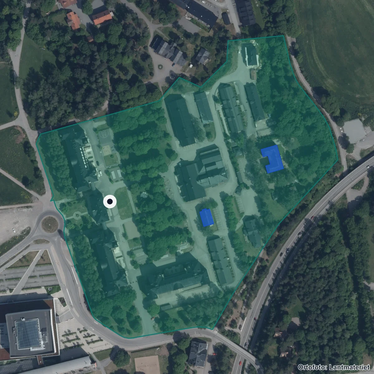 Flygbild över Lundellska skolan, ortofoto från Lantmäteriet