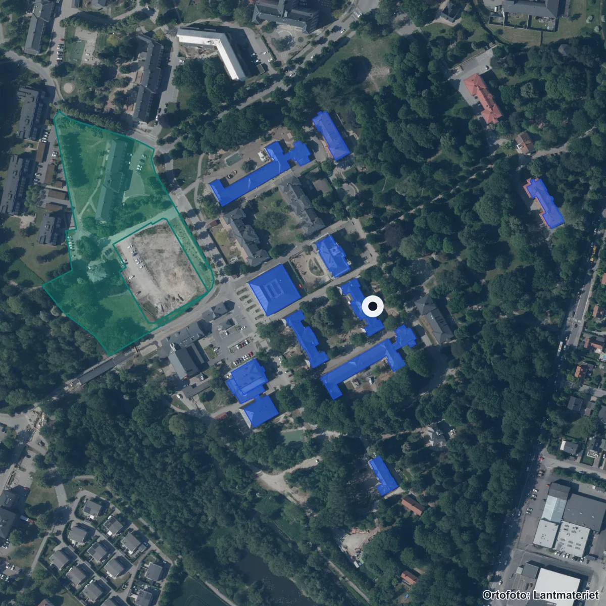 Flygbild över Freinetskolan i Lund, ortofoto från Lantmäteriet