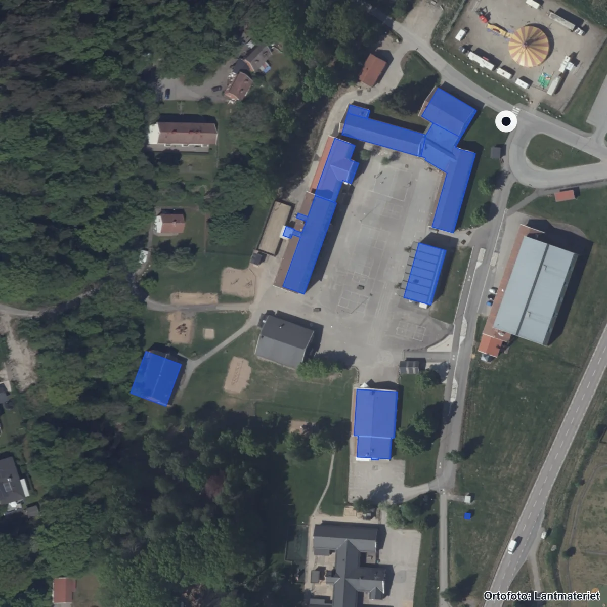 Flygbild över Strömsskolan, ortofoto från Lantmäteriet