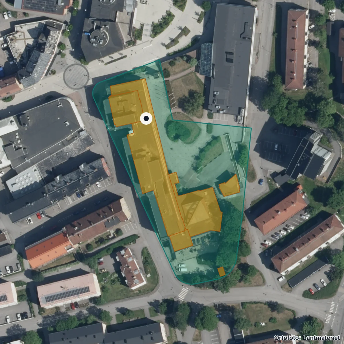 Flygbild över Central rapportering av modersmålspersonal, ortofoto från Lantmäteriet