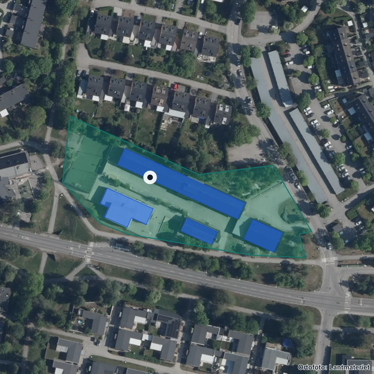 Flygbild över Sörgårdsskolan, ortofoto från Lantmäteriet