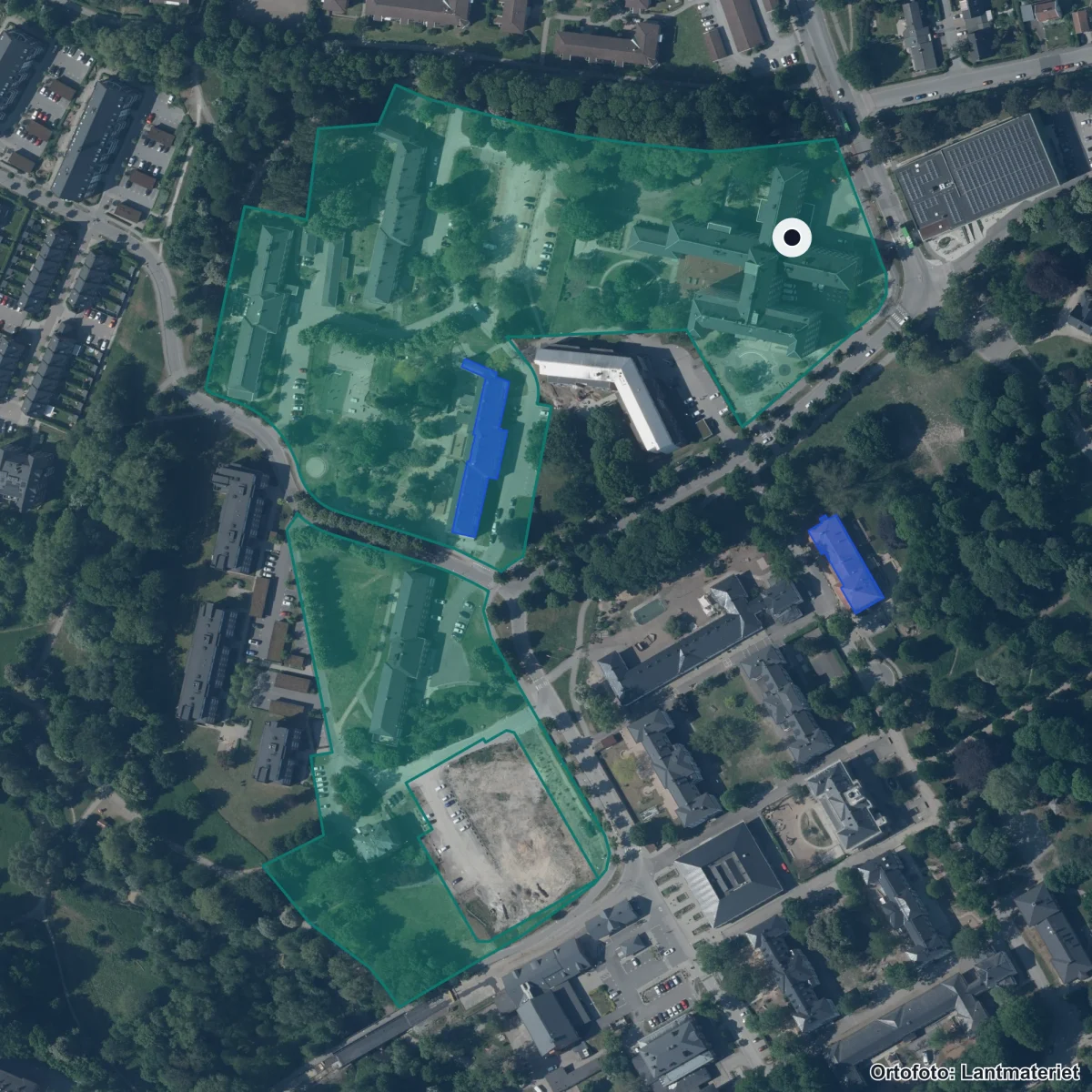 Flygbild över Internationella Engelska Skolan Lund, ortofoto från Lantmäteriet