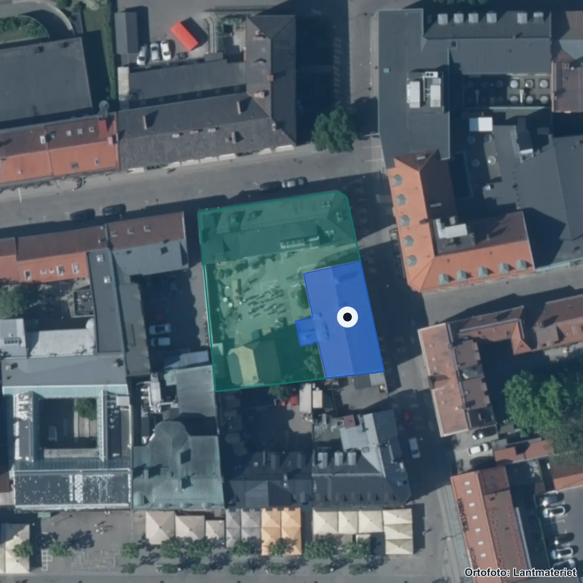 Flygbild över Drottning Blankas Gymnasieskola Lund, ortofoto från Lantmäteriet