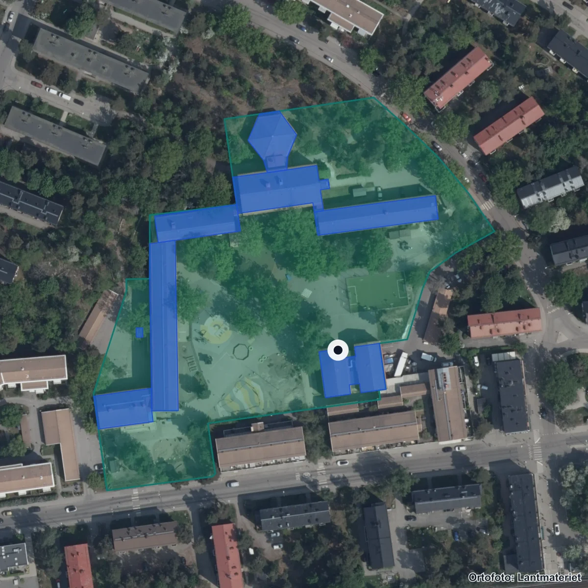 Flygbild över Hammarbyskolan Norra, ortofoto från Lantmäteriet