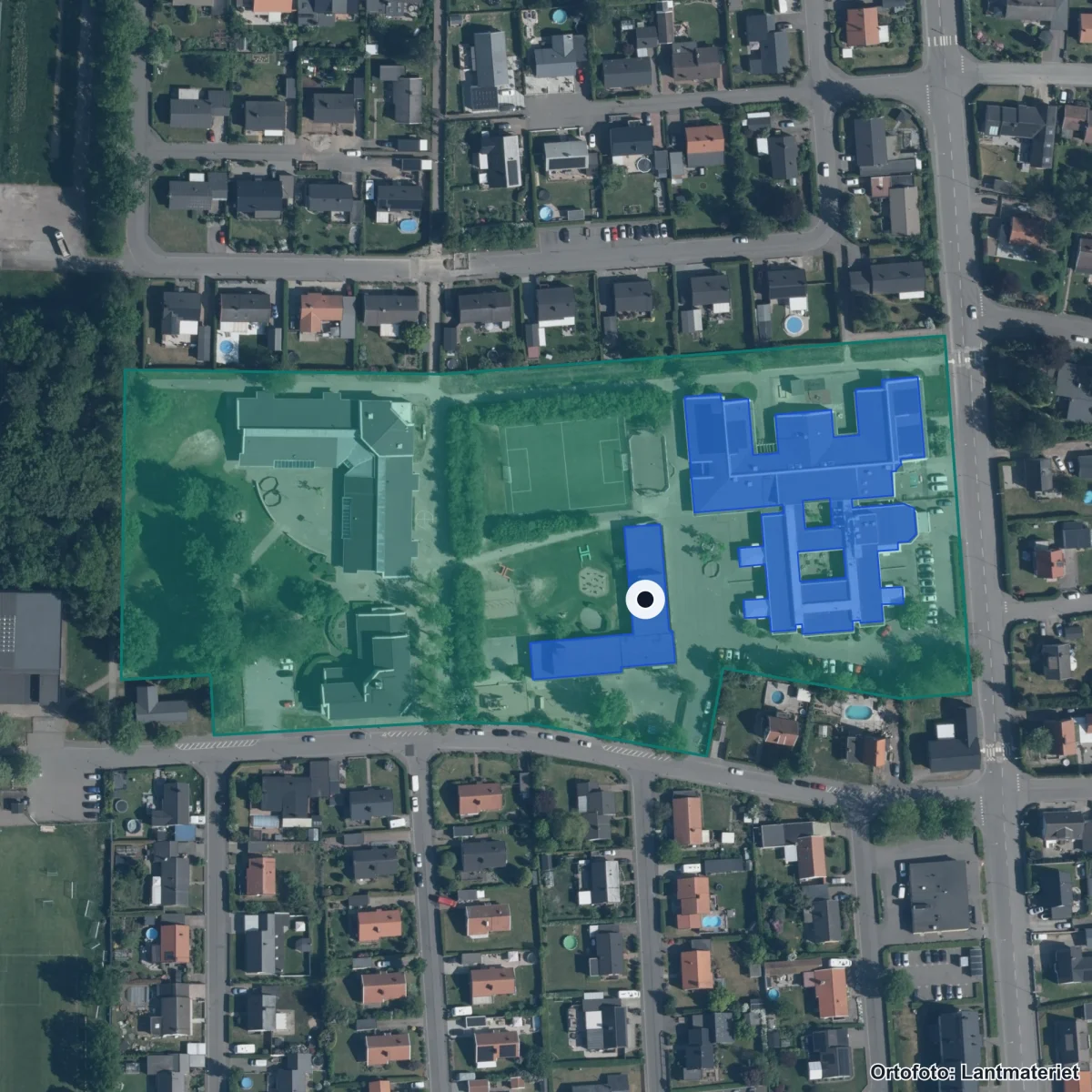 Flygbild över Påarps skola, ortofoto från Lantmäteriet