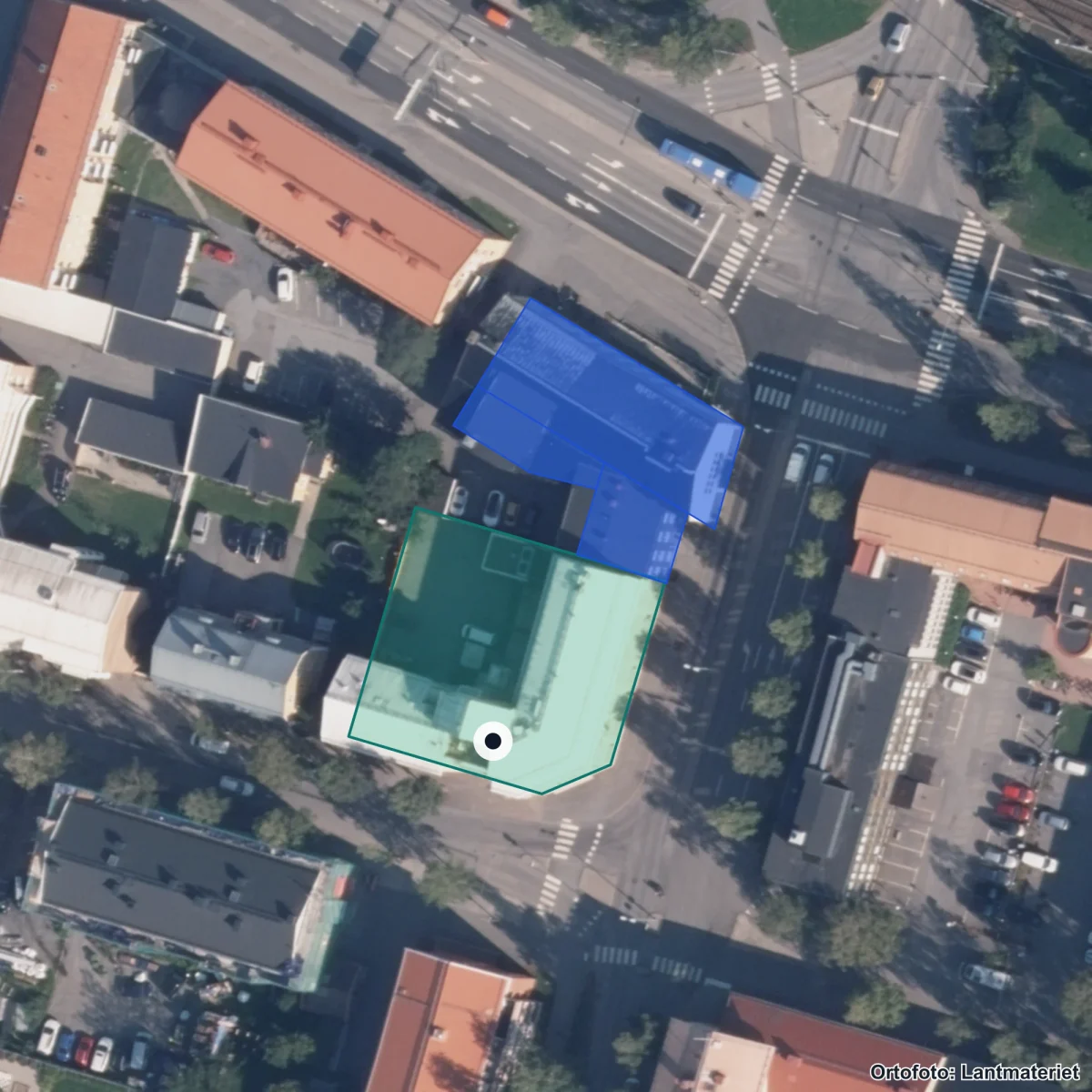 Flygbild över Kompetenscentrum för flerspråkighet, ortofoto från Lantmäteriet