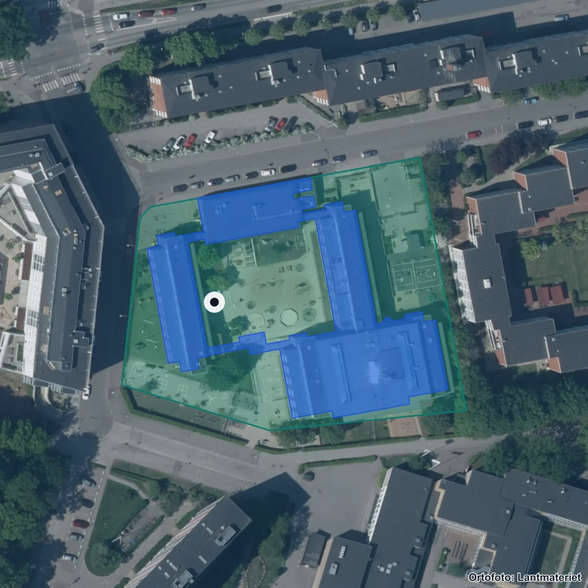 Flygbild över Tekniska Gymnasiet Lund, ortofoto från Lantmäteriet