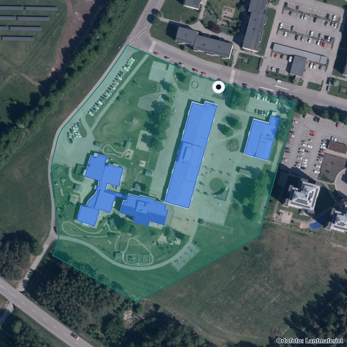 Flygbild över Lidåkerskolan, ortofoto från Lantmäteriet
