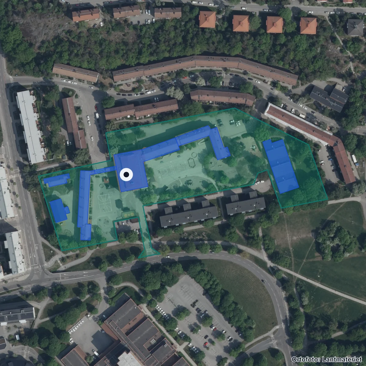 Flygbild över Hammarbyskolan Södra, ortofoto från Lantmäteriet