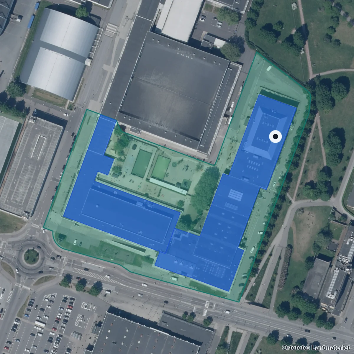 Flygbild över Fria Läroverken Malmö, ortofoto från Lantmäteriet