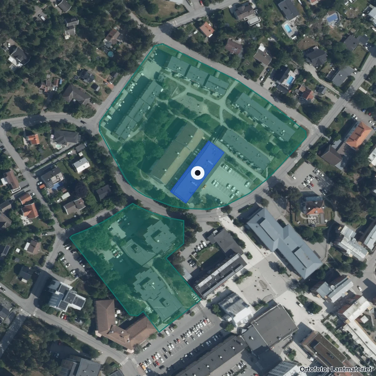 Flygbild över Upplands-Bro SFI-enheten, ortofoto från Lantmäteriet
