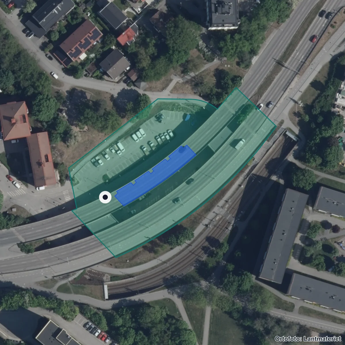 Flygbild över Johan Movingers Gymnasium, ortofoto från Lantmäteriet