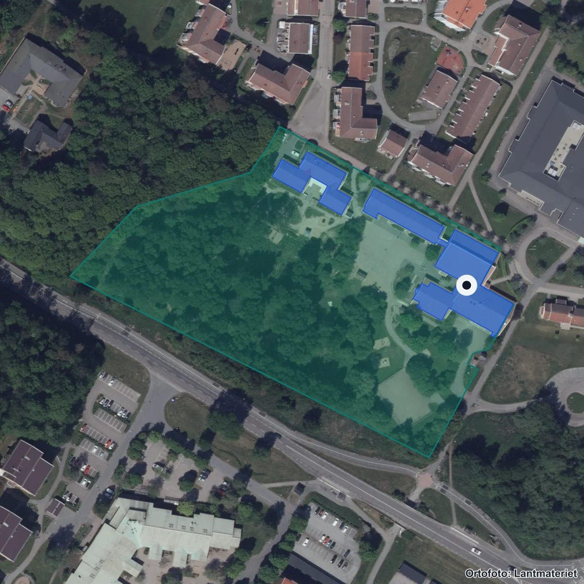 Flygbild över Olserödsskolan, ortofoto från Lantmäteriet