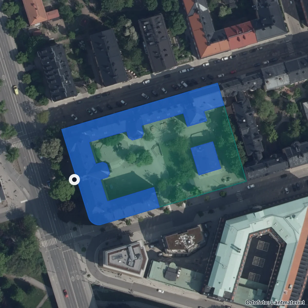 Flygbild över Mariaskolan, ortofoto från Lantmäteriet