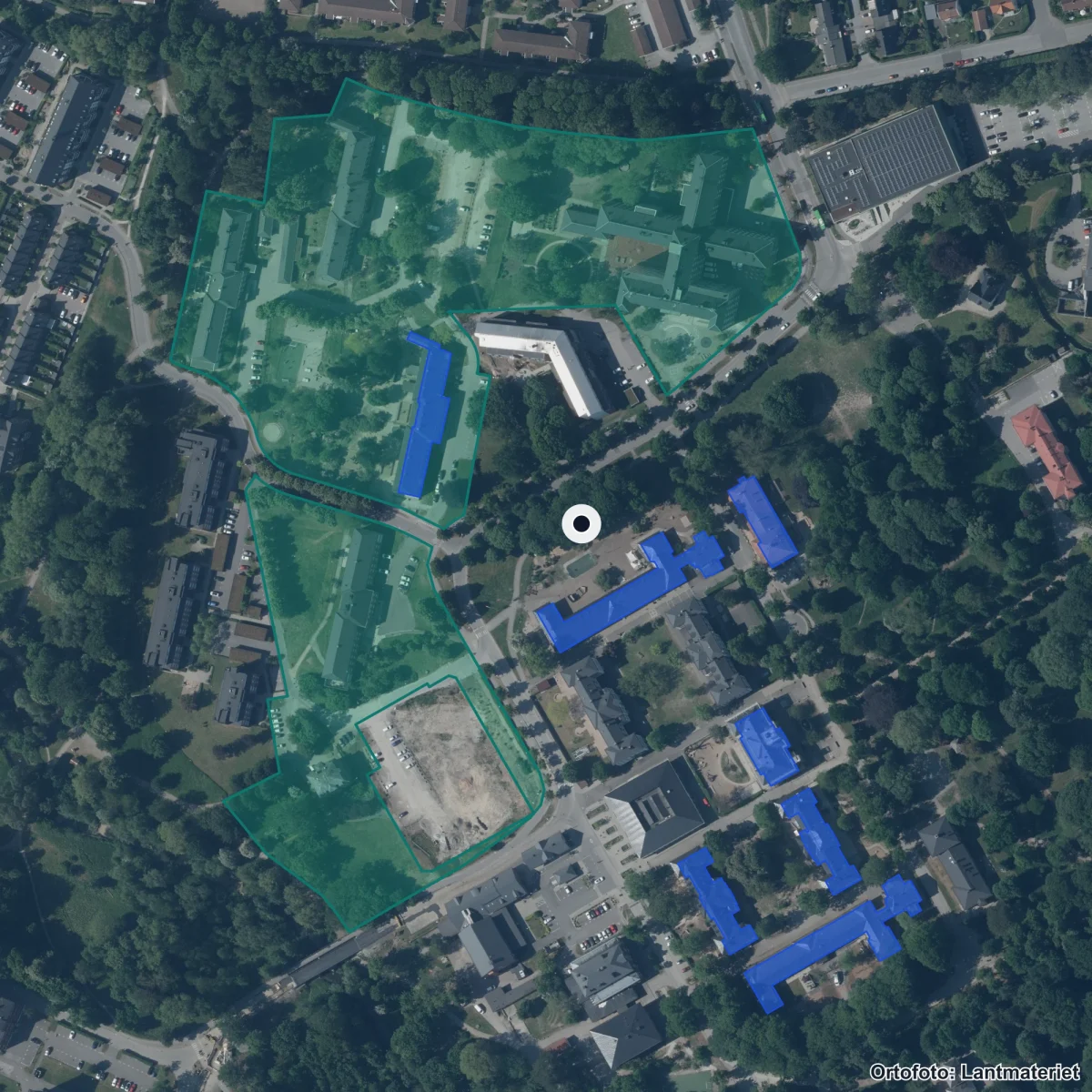 Flygbild över Lunds Montessorigrundskola, ortofoto från Lantmäteriet