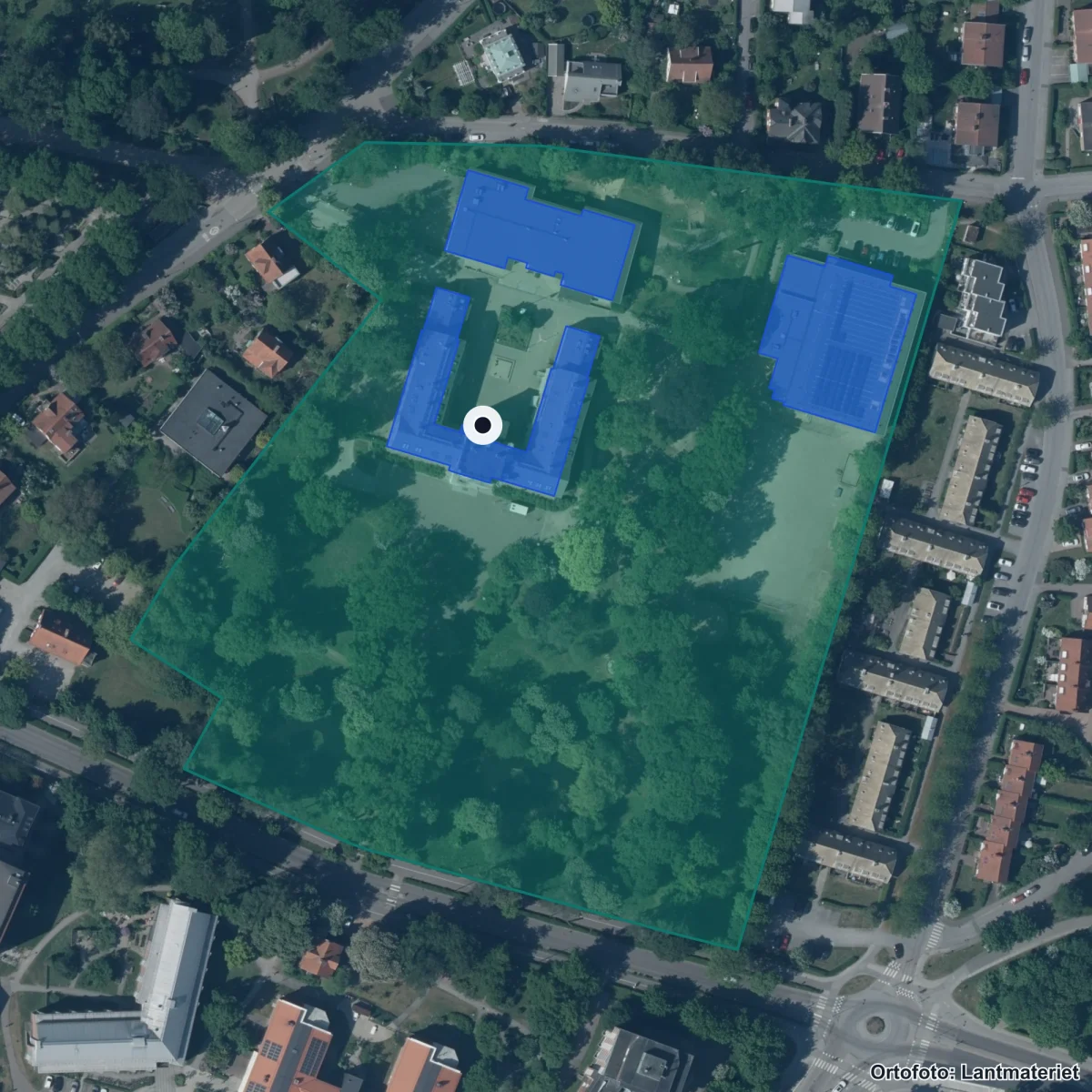 Flygbild över ISLK/Int. School of Lund, ortofoto från Lantmäteriet