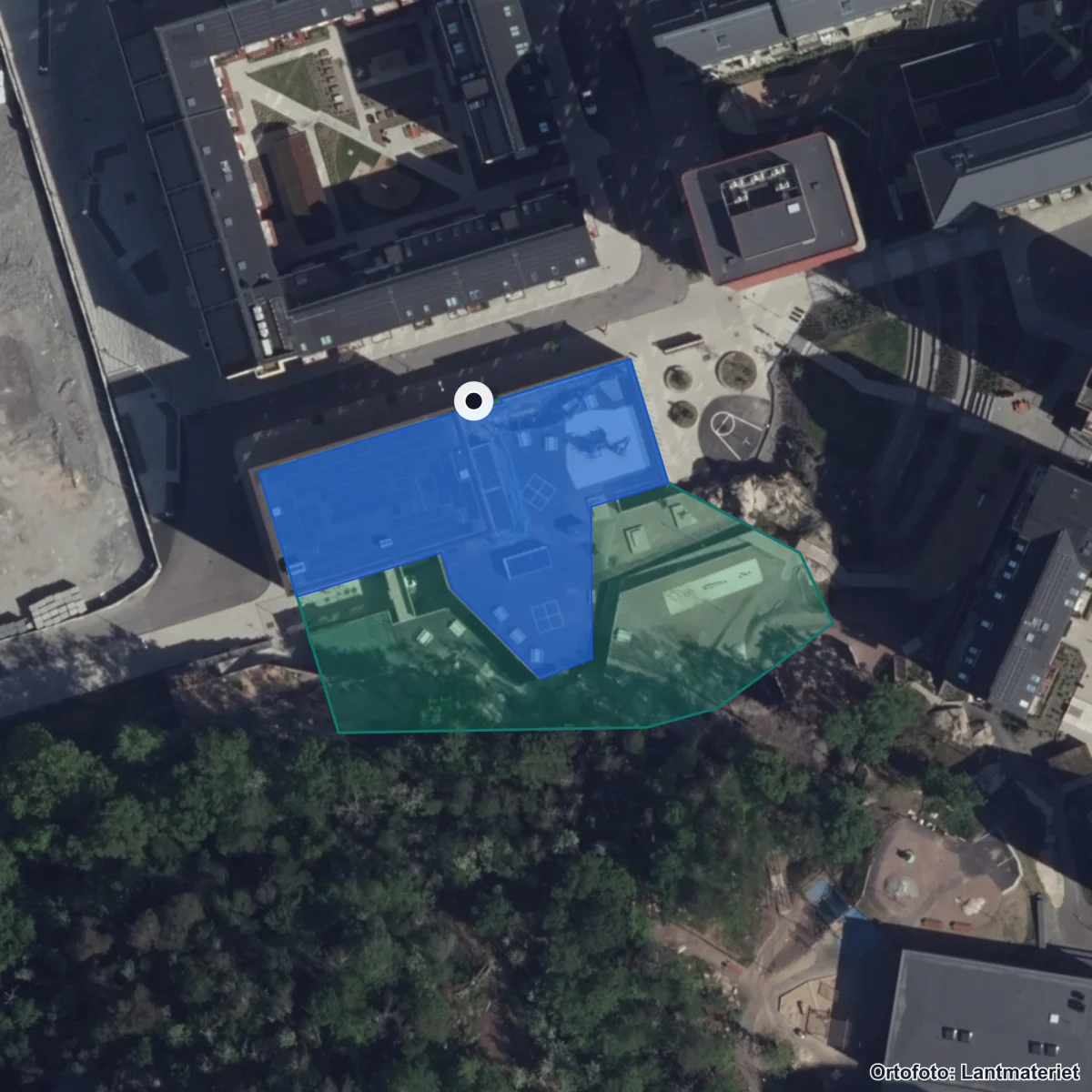 Aerial view of Fridaskolan i Kallebäck, orthophoto from Lantmäteriet