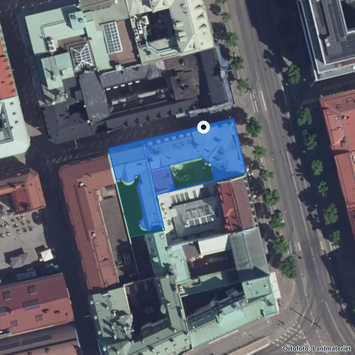 Flygbild över LM Engströms gymnasium, ortofoto från Lantmäteriet
