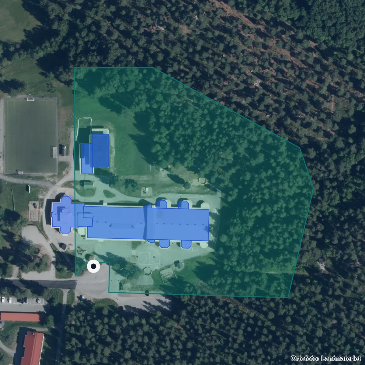 Flygbild över Norrängsskolan, ortofoto från Lantmäteriet