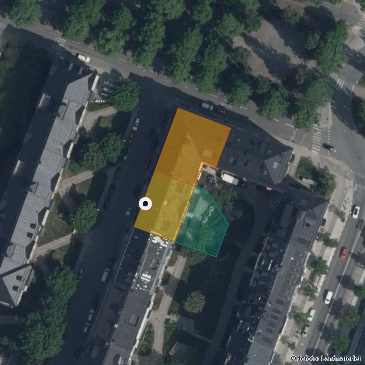 Flygbild över Min skola Östermalm, ortofoto från Lantmäteriet