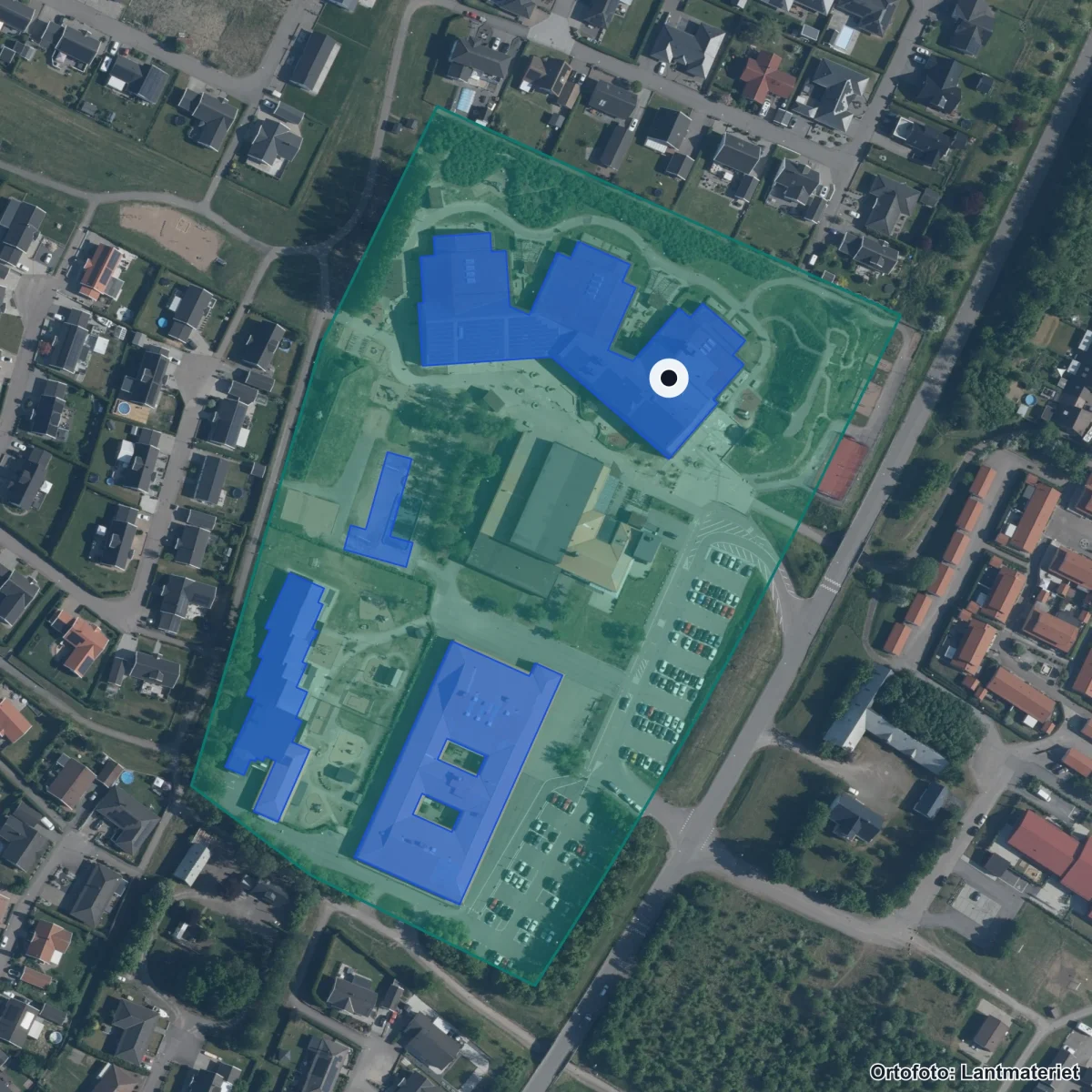 Flygbild över Brogårdaskolan, ortofoto från Lantmäteriet