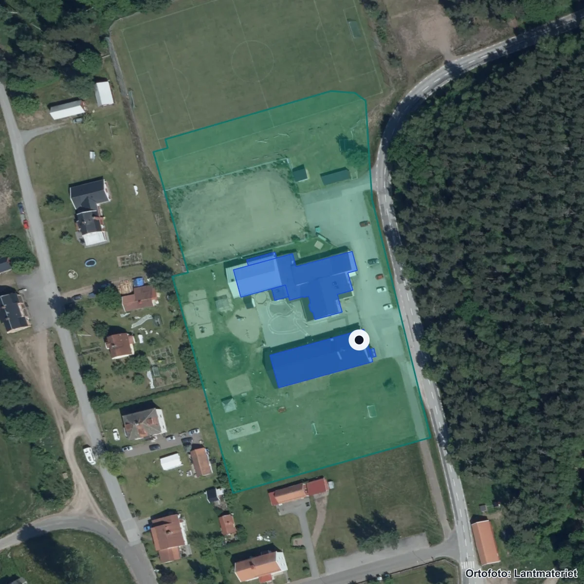 Flygbild över Rumskulla skola, ortofoto från Lantmäteriet