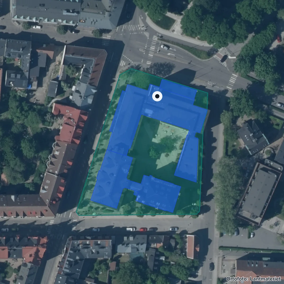 Flygbild över Gymnasieskolan Spyken, ortofoto från Lantmäteriet