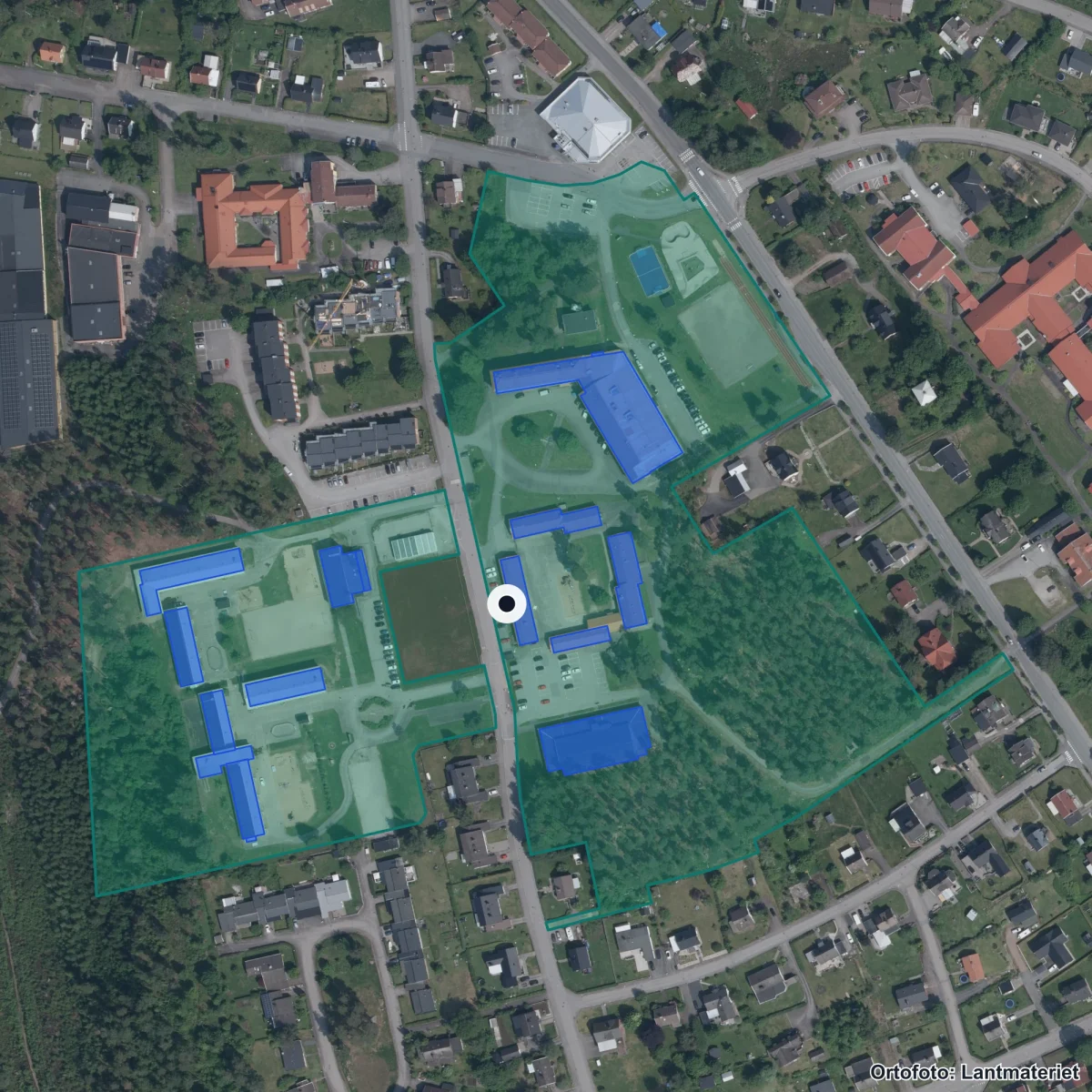 Flygbild över Anpassad grundskola, ortofoto från Lantmäteriet