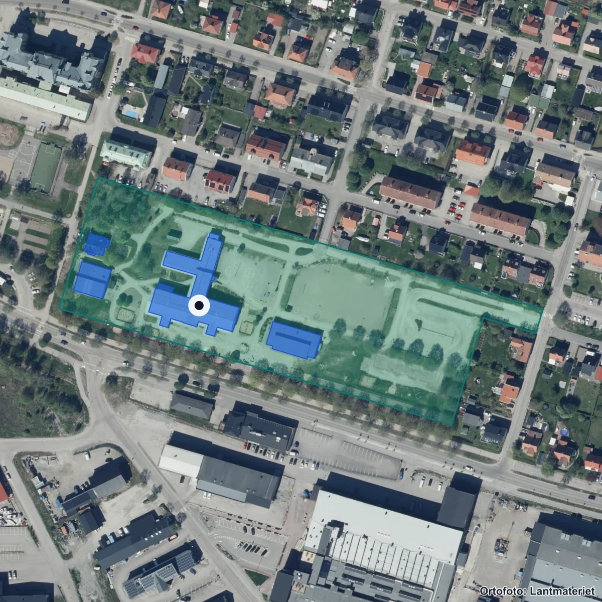 Flygbild över Skolbyn, ortofoto från Lantmäteriet