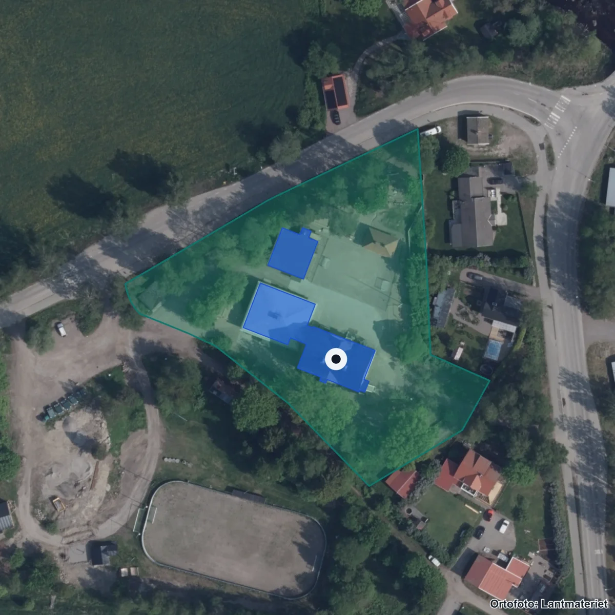 Flygbild över Åbyggeby skola, ortofoto från Lantmäteriet