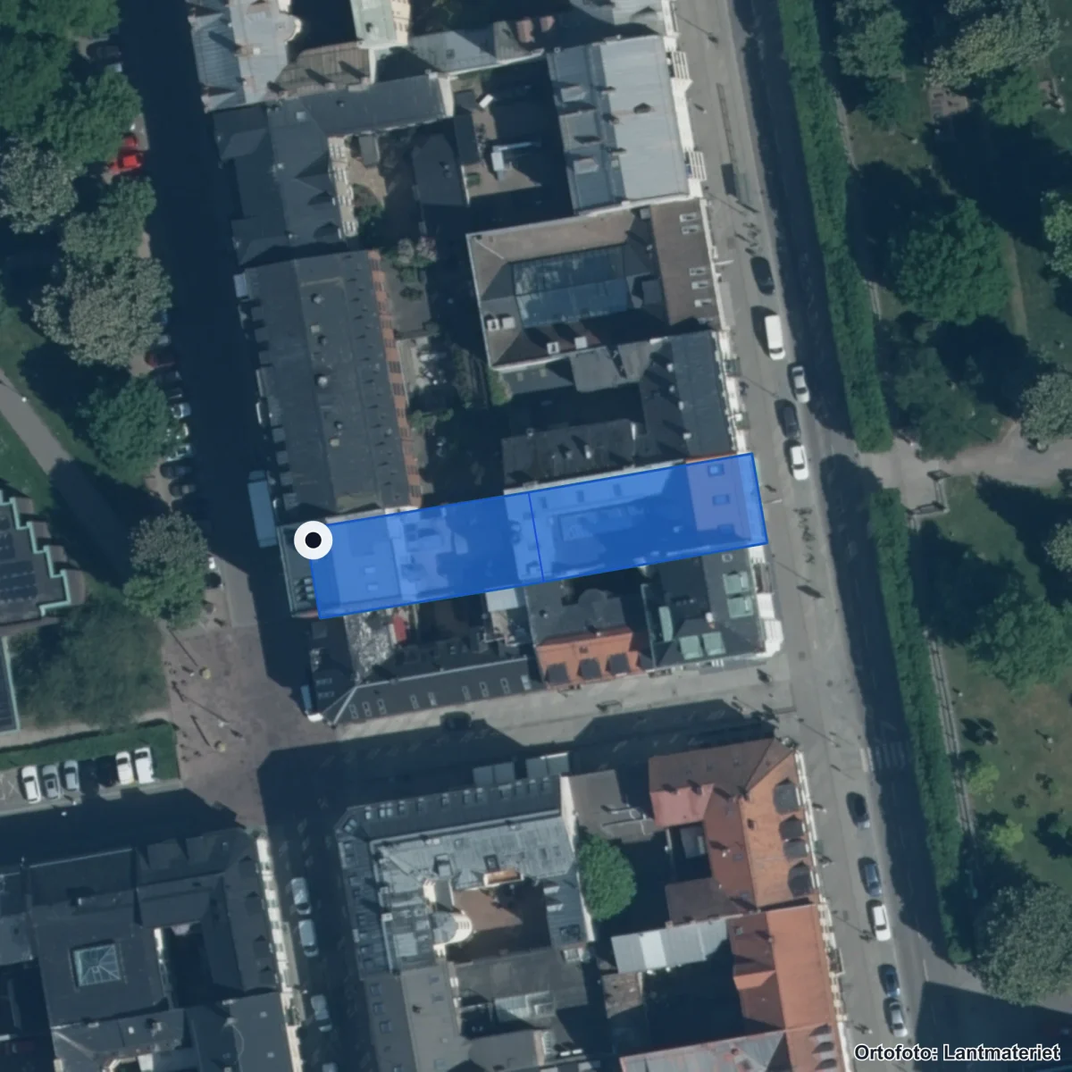 Flygbild över NTI Gymnasiet Helsingborg, ortofoto från Lantmäteriet