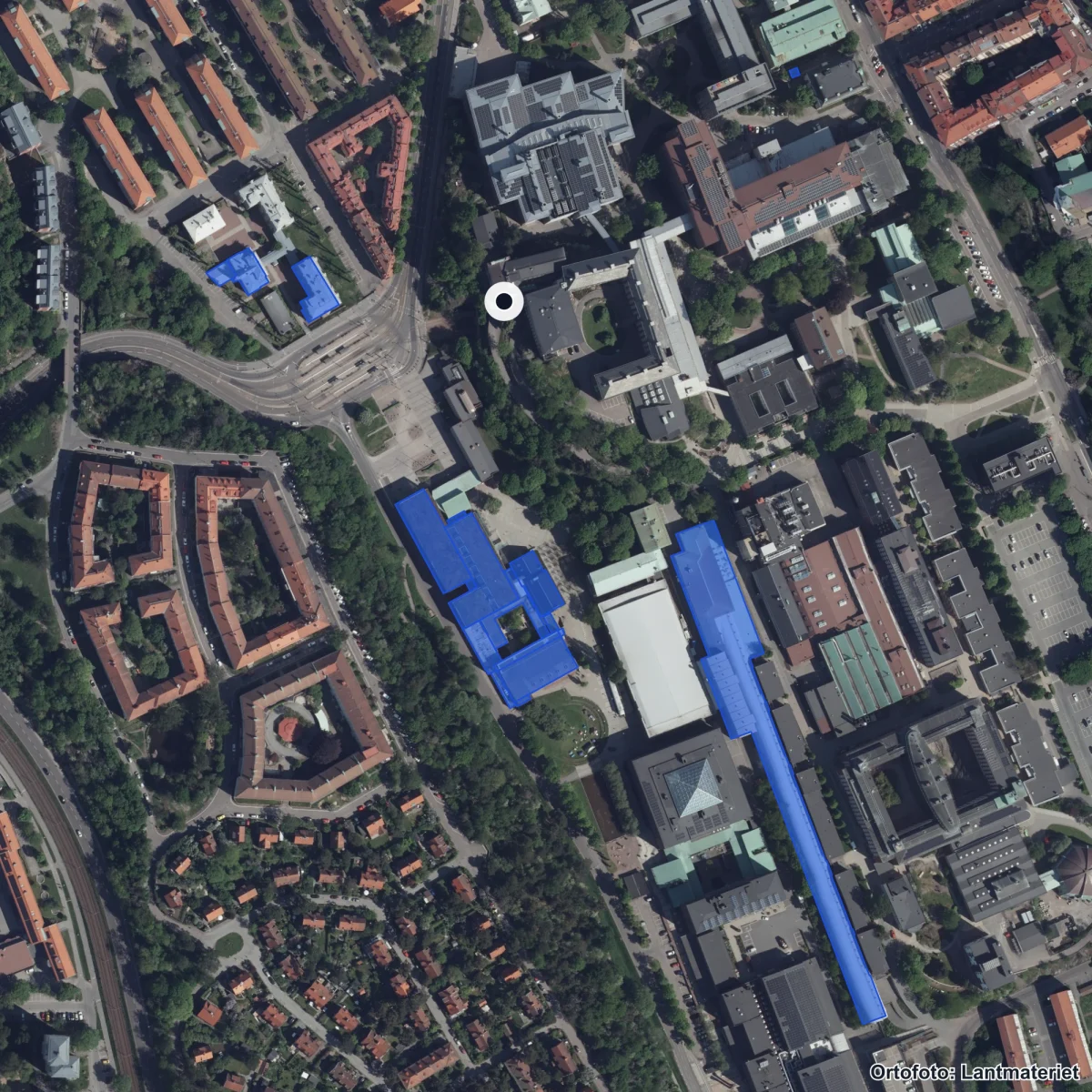 Flygbild över NTI Gymnasiet Johanneberg, ortofoto från Lantmäteriet