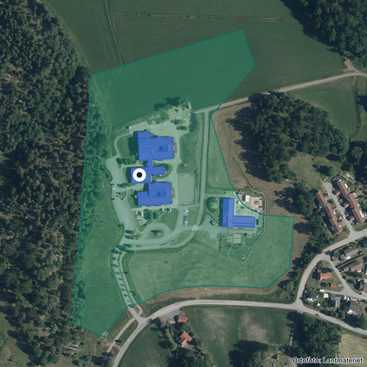 Flygbild över Sörbyskolan, ortofoto från Lantmäteriet