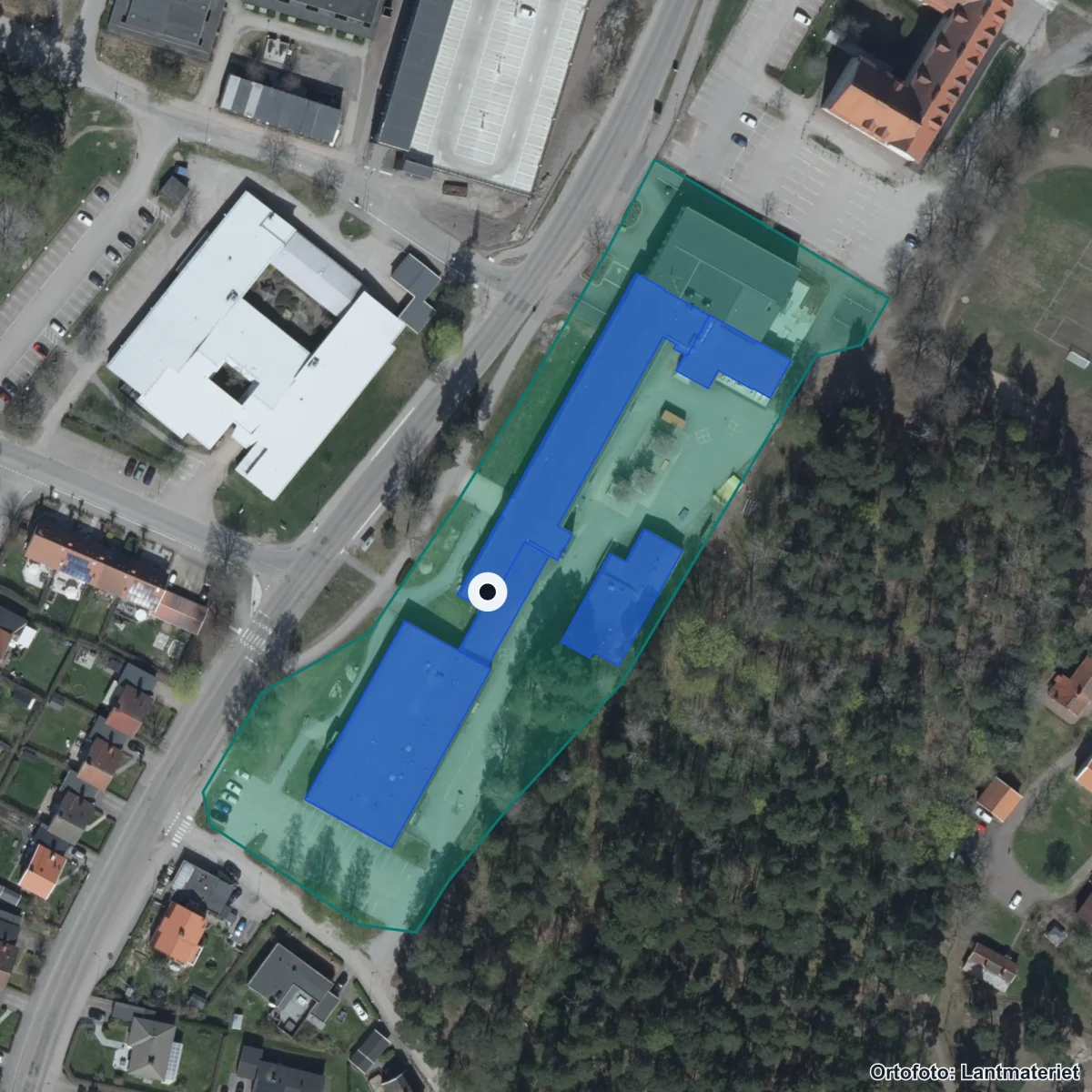 Flygbild över Mariebergsskolan, ortofoto från Lantmäteriet