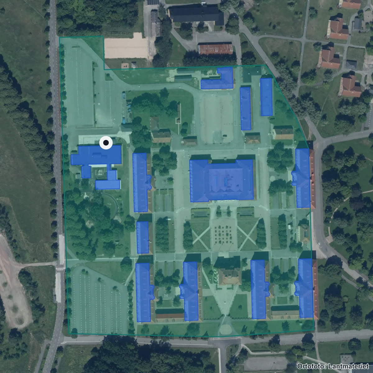 Flygbild över Norretullskolan A, ortofoto från Lantmäteriet