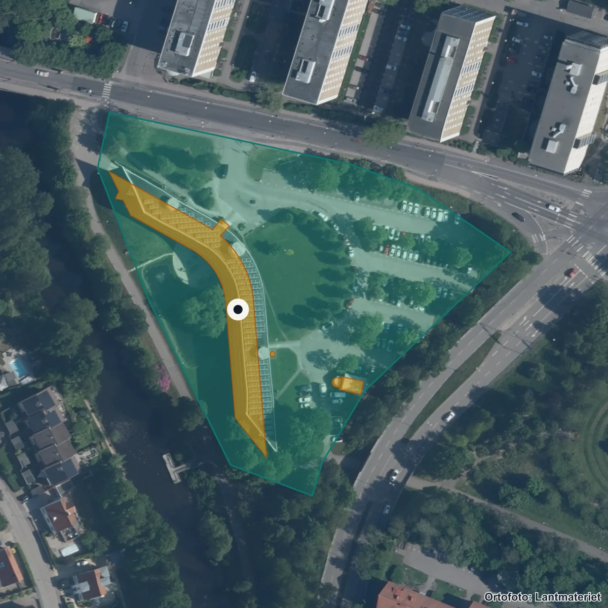 Flygbild över Språkcentrum, ortofoto från Lantmäteriet