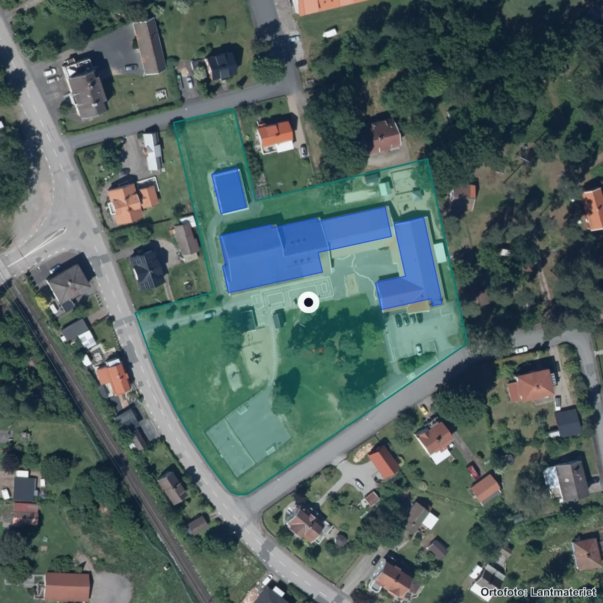 Flygbild över Horda skola, ortofoto från Lantmäteriet