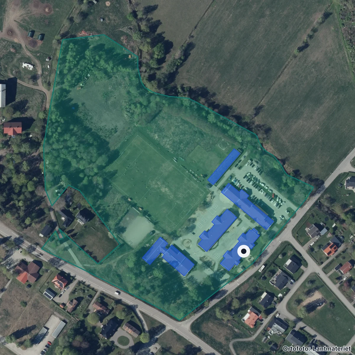Flygbild över Rosenvallskolan, ortofoto från Lantmäteriet