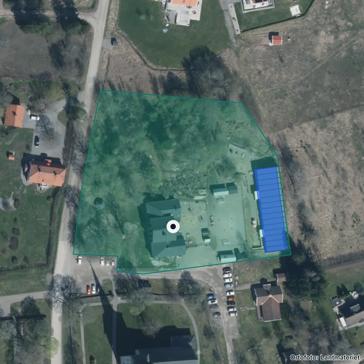 Flygbild över Romfartunaskolan, ortofoto från Lantmäteriet