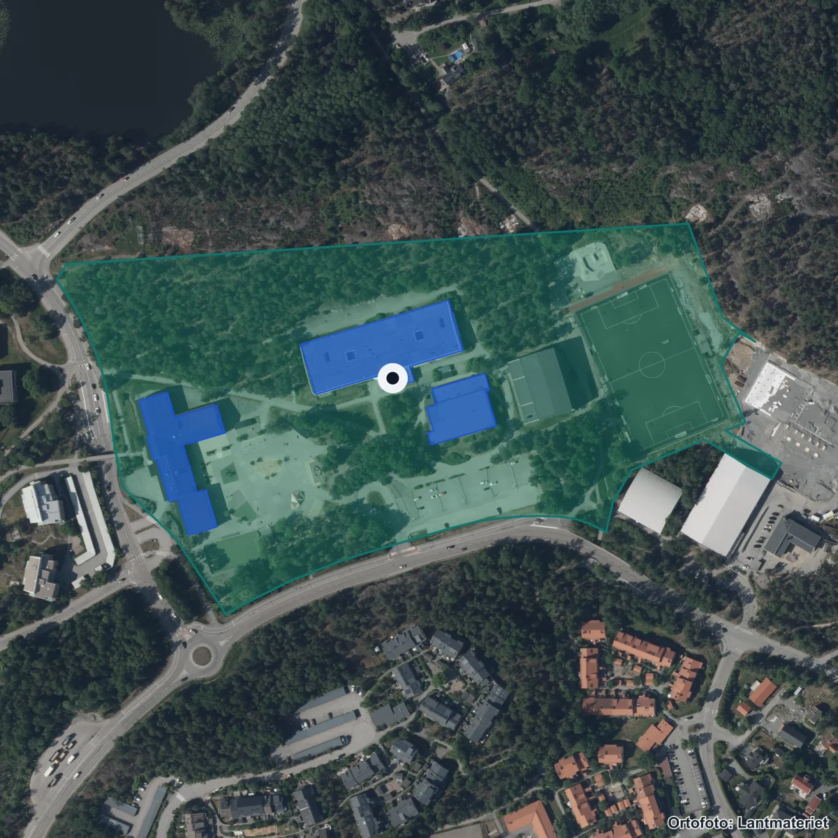 Flygbild över Myrsjöskolan, ortofoto från Lantmäteriet