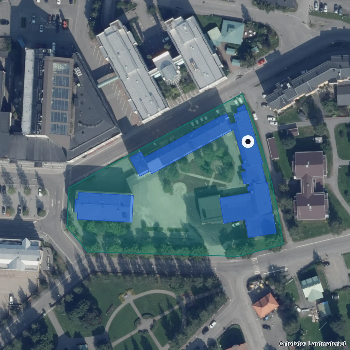 Flygbild över Kanalskolan, ortofoto från Lantmäteriet