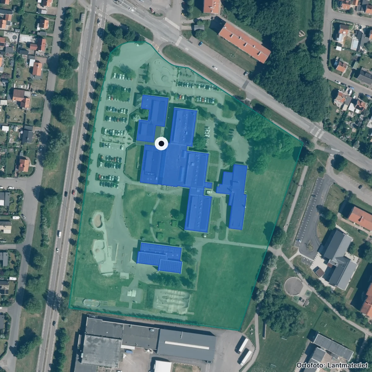 Flygbild över Kullagymnasiet, ortofoto från Lantmäteriet