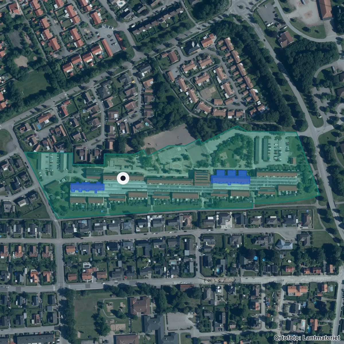 Flygbild över Fridasroskolan, ortofoto från Lantmäteriet