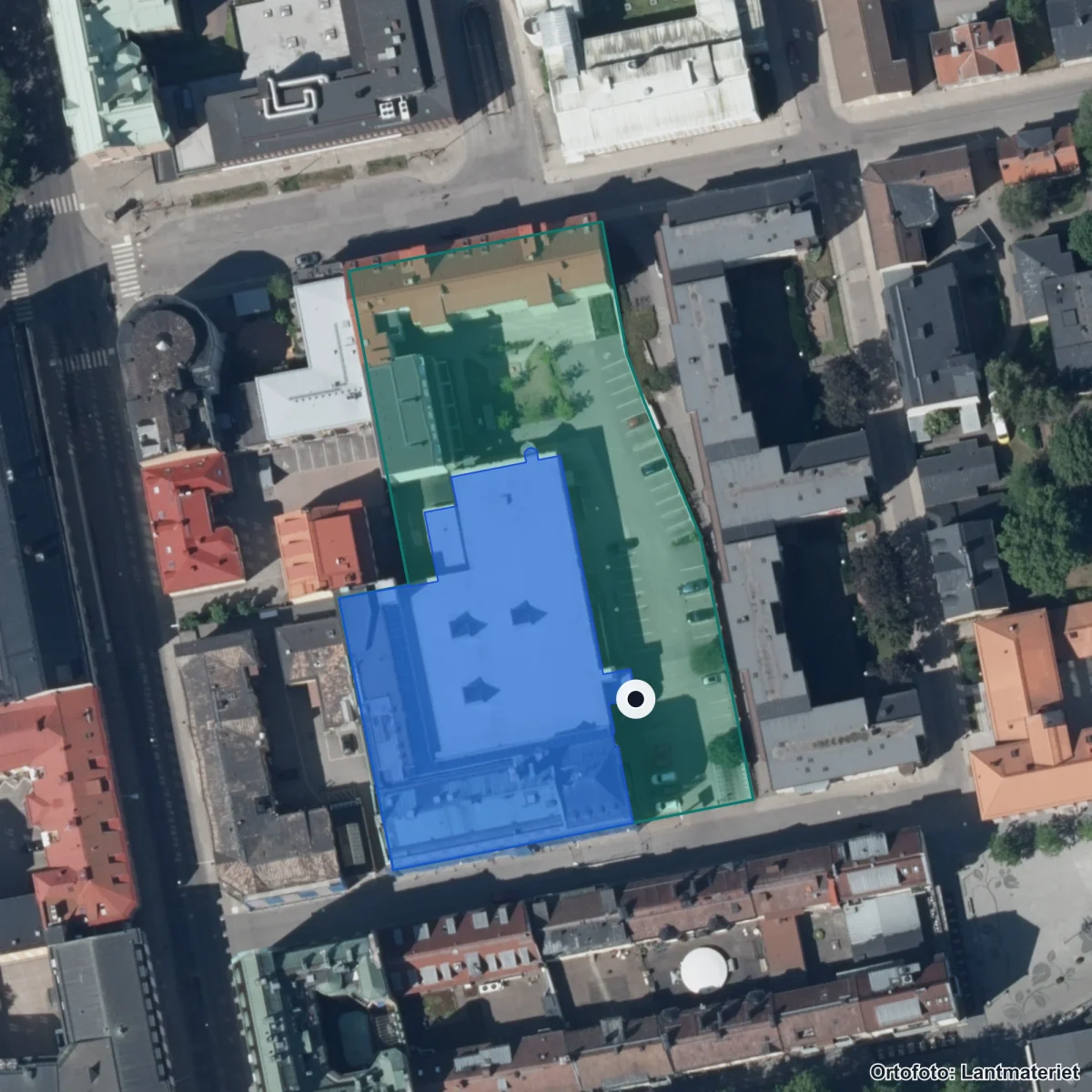 Flygbild över LBS Kreativa Gymnasiet Linköping, ortofoto från Lantmäteriet
