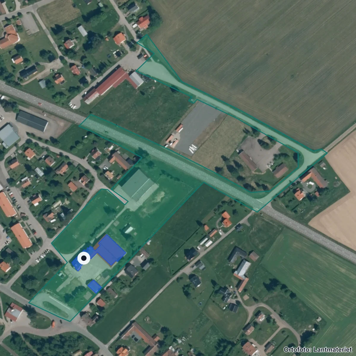 Flygbild över Myrbacka skola, ortofoto från Lantmäteriet