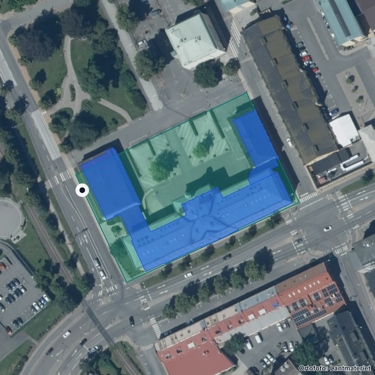 Flygbild över Söderportgymnasiet A, ortofoto från Lantmäteriet