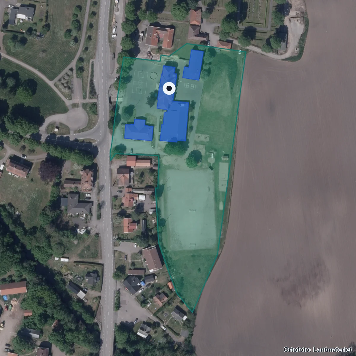 Flygbild över Söderåkra skola, ortofoto från Lantmäteriet