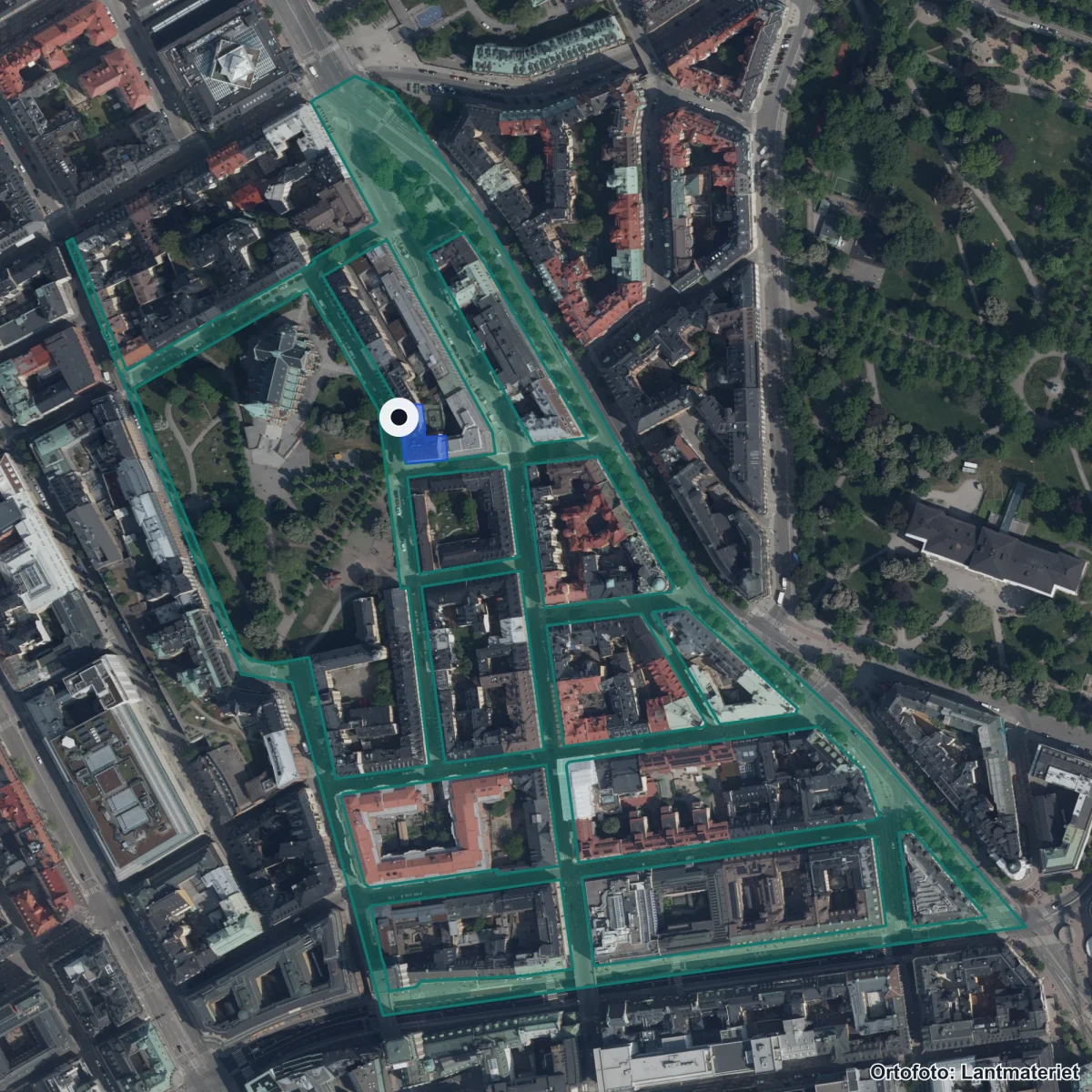Flygbild över Stift. Sthlm Intern. School gy, ortofoto från Lantmäteriet
