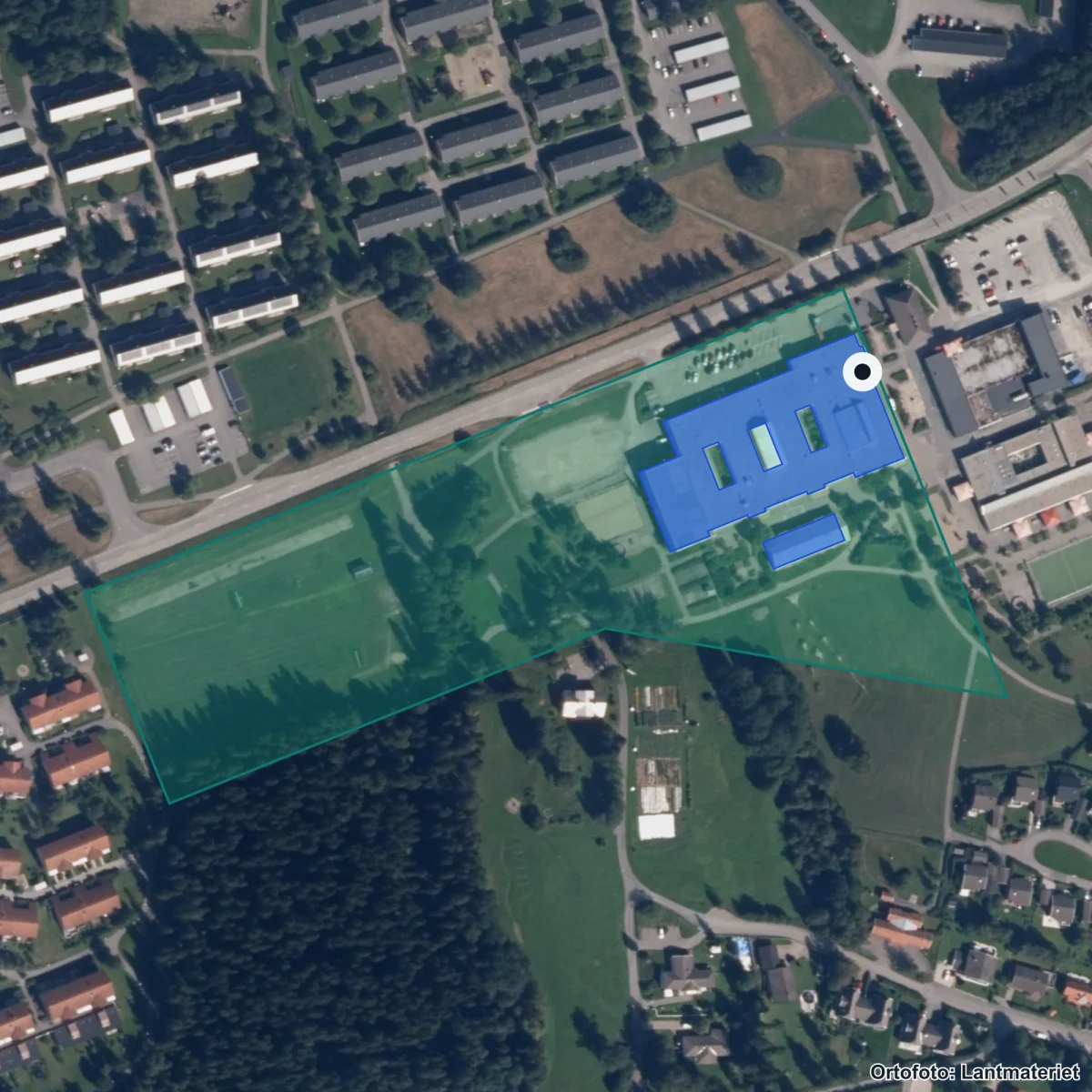 Flygbild över Vallaskolan, ortofoto från Lantmäteriet