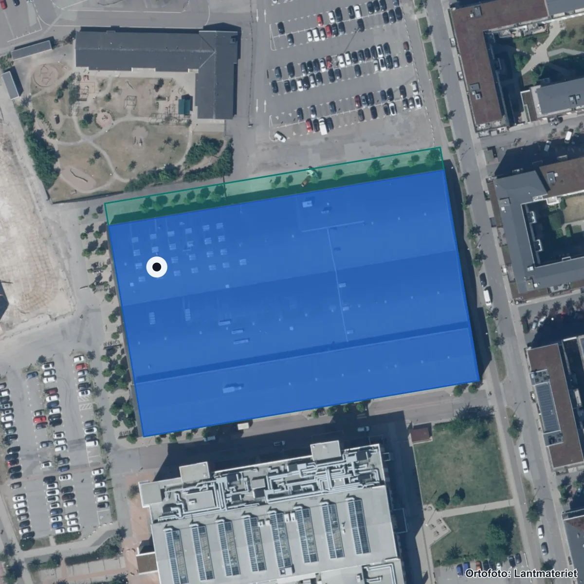 Flygbild över Kunskapsgymnasiet Malmö, ortofoto från Lantmäteriet